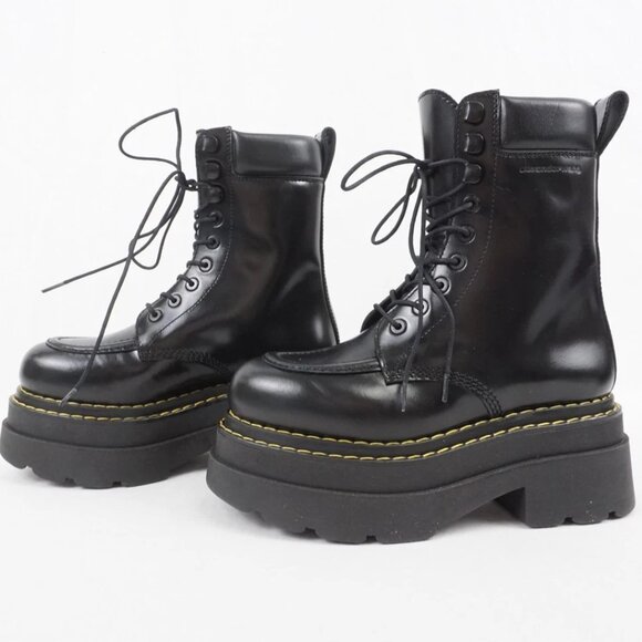 Alexander Wang Atlas Leather Lace-Up Platform Combat Rugged Boots in Black - Picture 5 of 16
